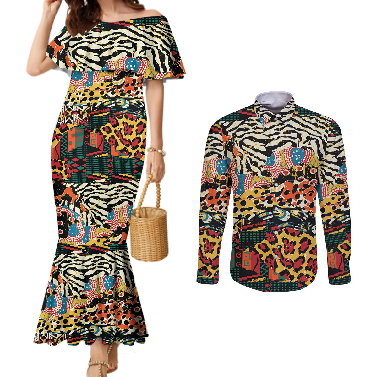 Africa Animal Pattern Couples Matching Mermaid Dress and Long Sleeve Button Shirt