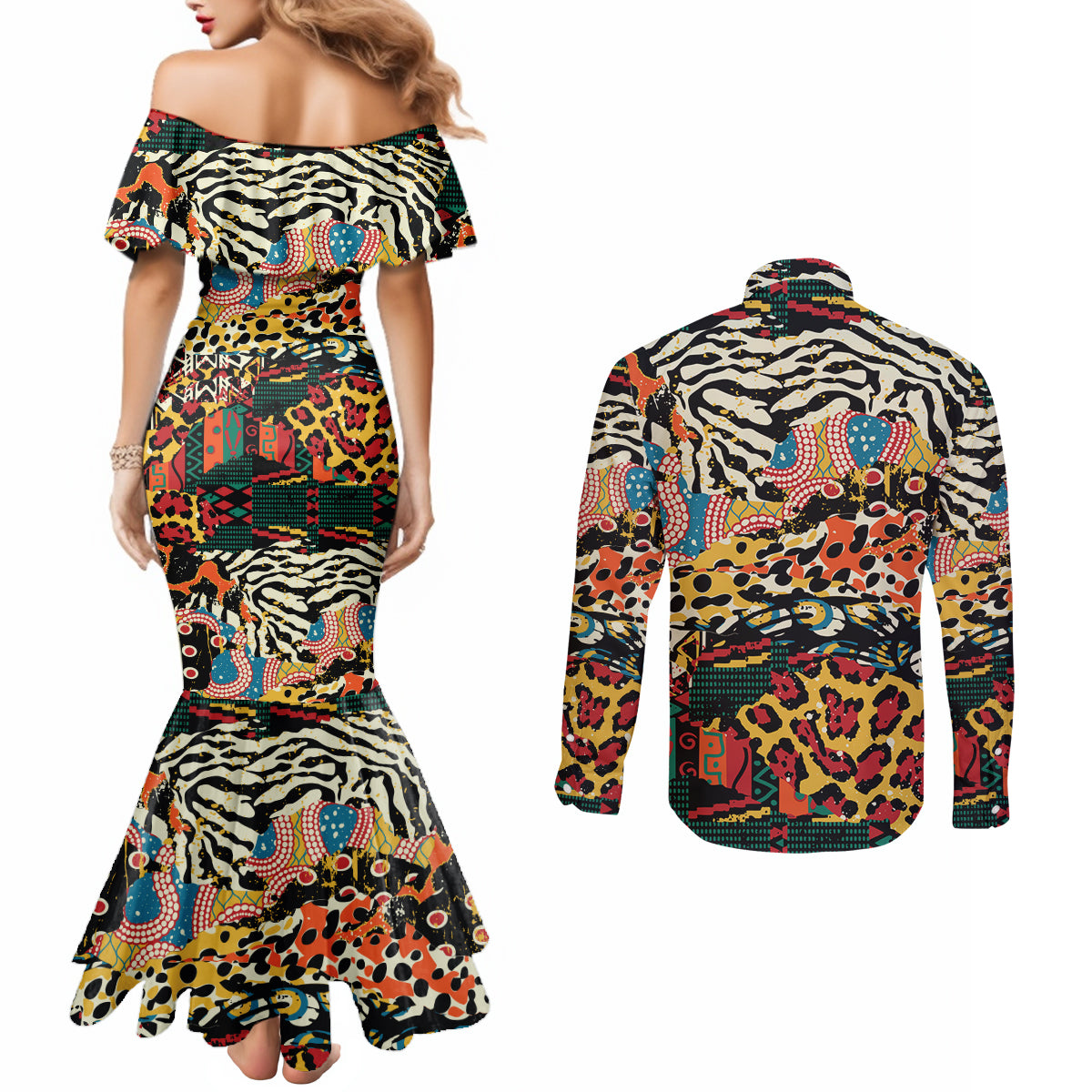 Africa Animal Pattern Couples Matching Mermaid Dress and Long Sleeve Button Shirt