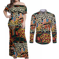 Africa Animal Pattern Couples Matching Off Shoulder Maxi Dress and Long Sleeve Button Shirt - Wonder Print Shop