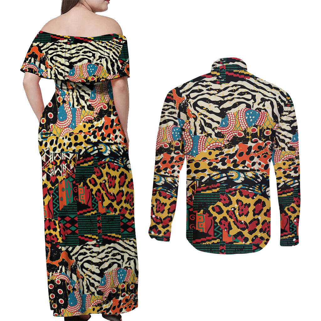 Africa Animal Pattern Couples Matching Off Shoulder Maxi Dress and Long Sleeve Button Shirt - Wonder Print Shop
