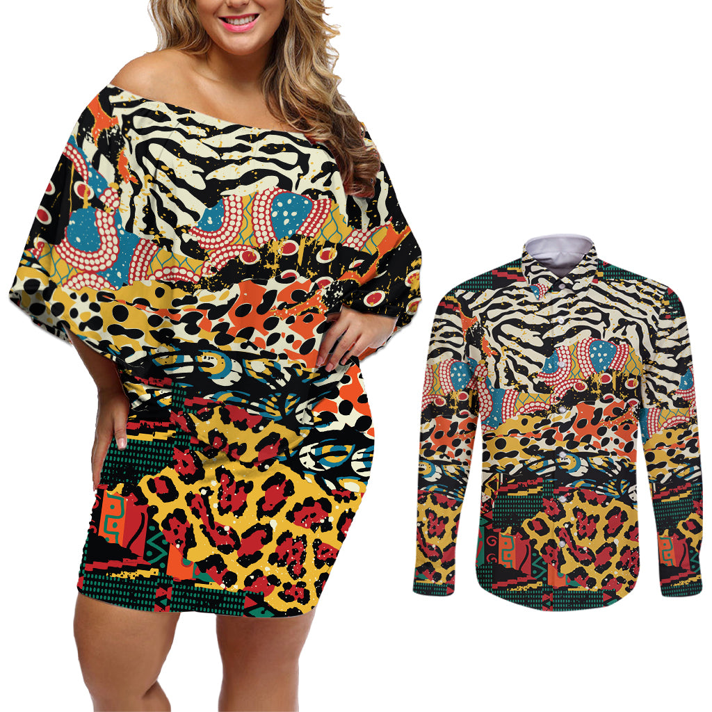 Africa Animal Pattern Couples Matching Off Shoulder Short Dress and Long Sleeve Button Shirt - Wonder Print Shop