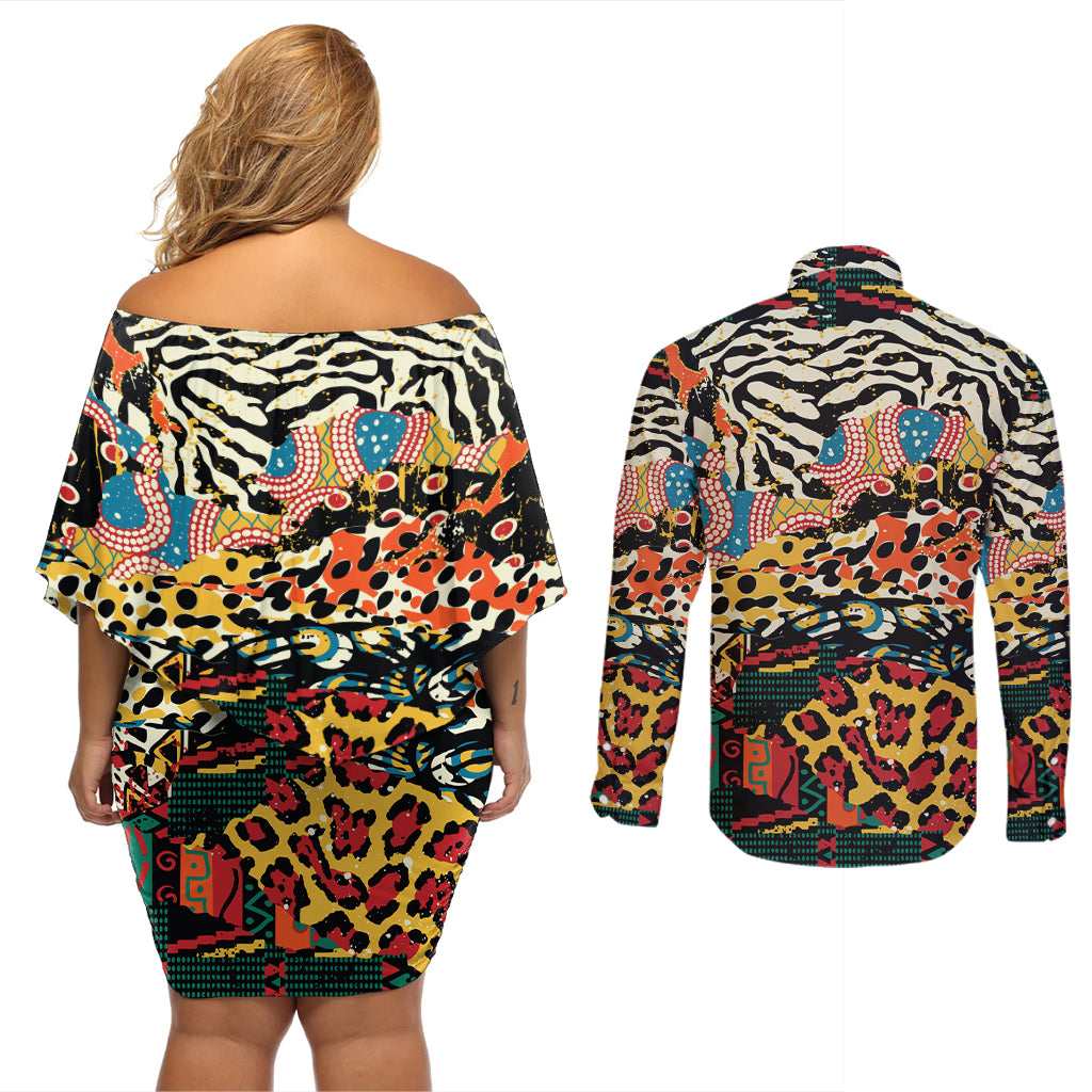 Africa Animal Pattern Couples Matching Off Shoulder Short Dress and Long Sleeve Button Shirt - Wonder Print Shop