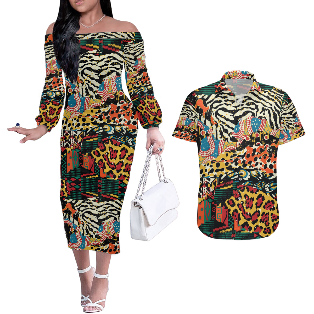 Africa Animal Pattern Couples Matching Off The Shoulder Long Sleeve Dress and Hawaiian Shirt - Wonder Print Shop