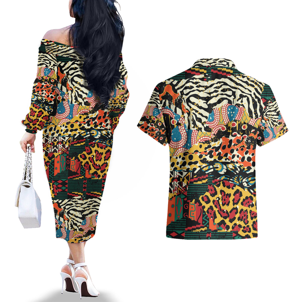 Africa Animal Pattern Couples Matching Off The Shoulder Long Sleeve Dress and Hawaiian Shirt - Wonder Print Shop