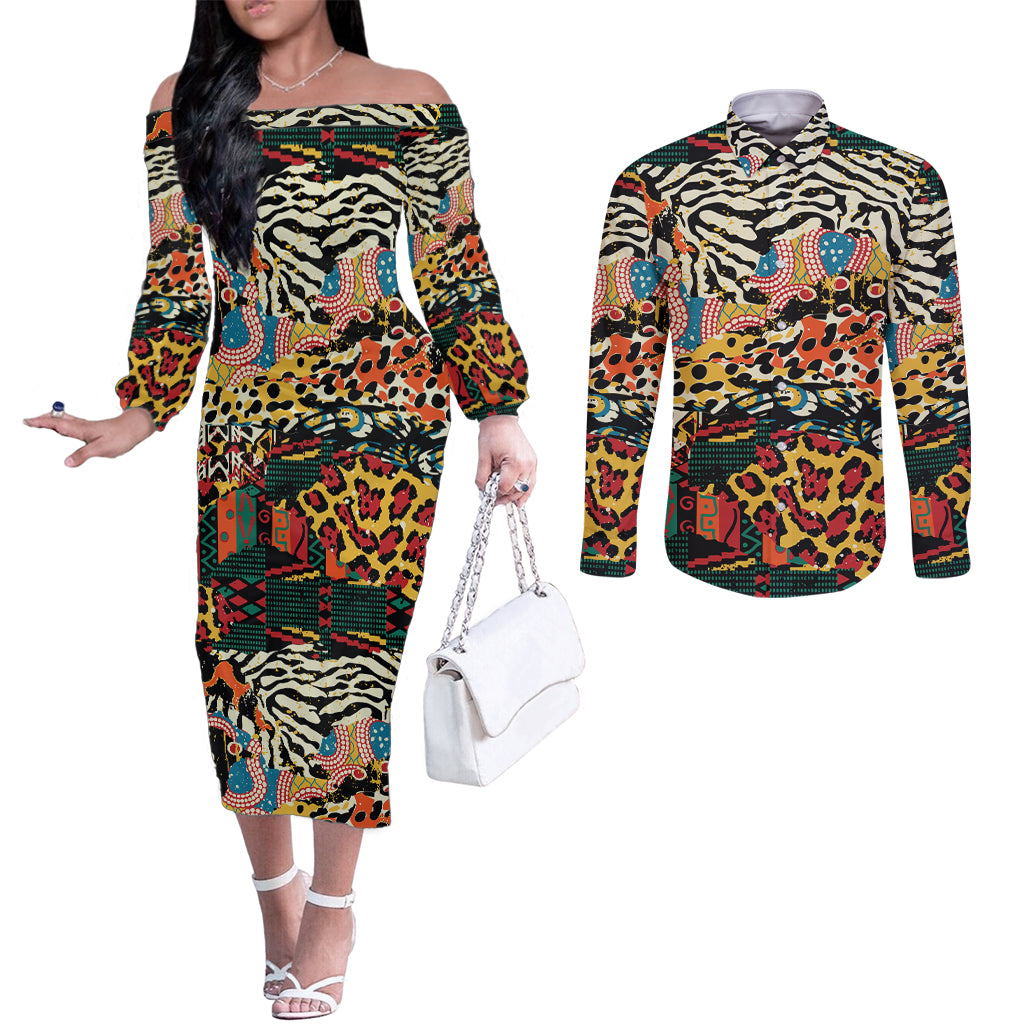 Africa Animal Pattern Couples Matching Off The Shoulder Long Sleeve Dress and Long Sleeve Button Shirt