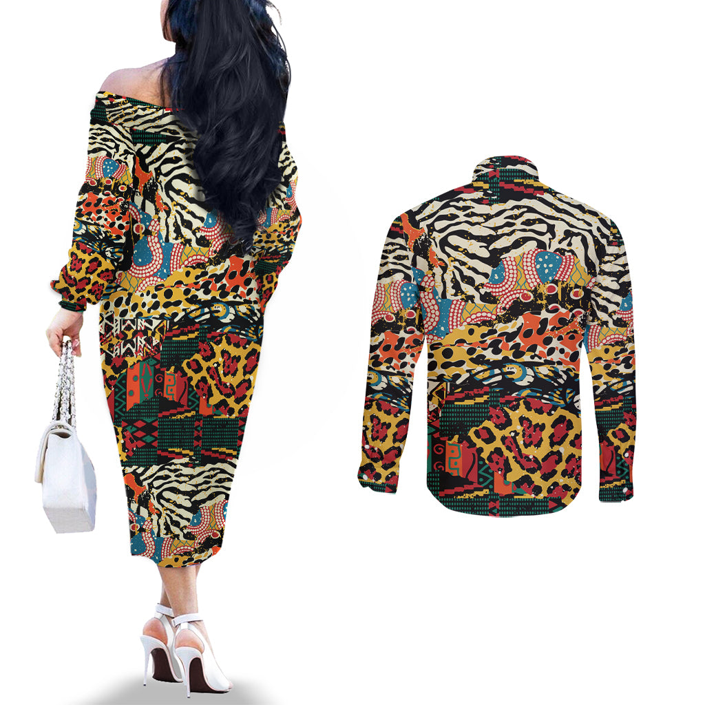 Africa Animal Pattern Couples Matching Off The Shoulder Long Sleeve Dress and Long Sleeve Button Shirt