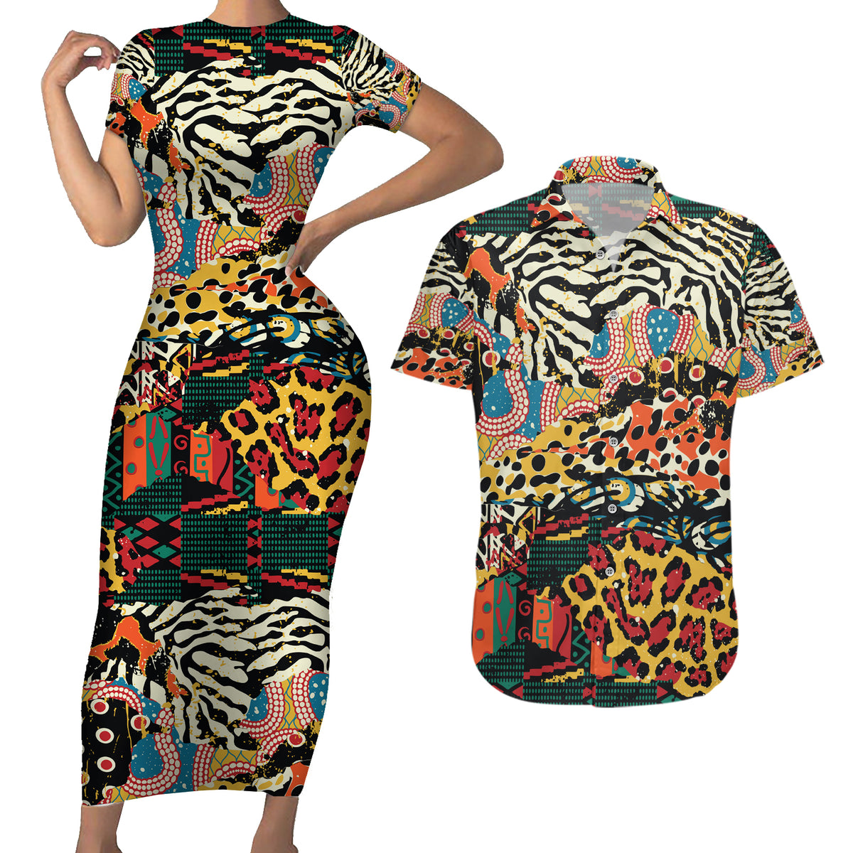 Africa Animal Pattern Couples Matching Short Sleeve Bodycon Dress and Hawaiian Shirt - Wonder Print Shop