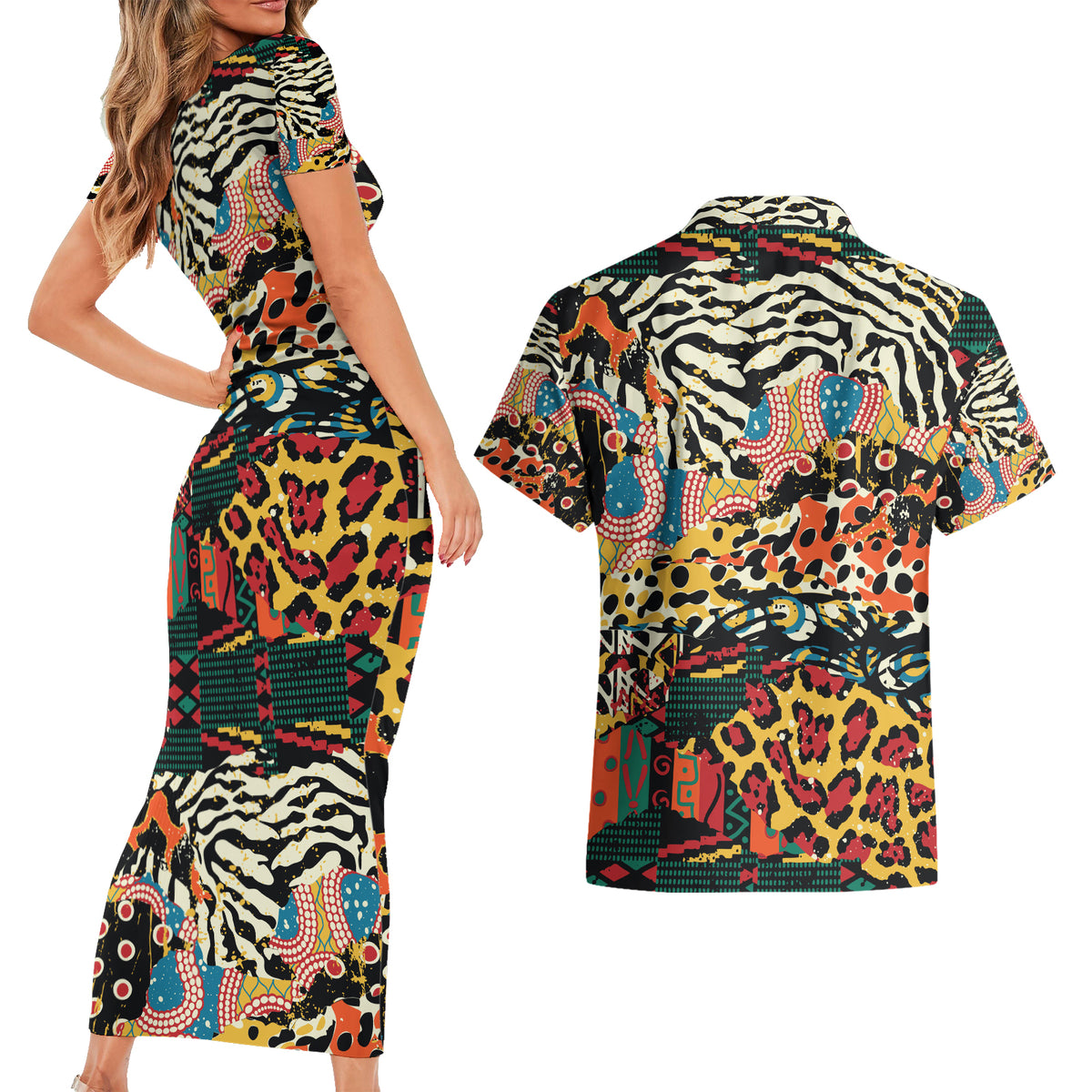 Africa Animal Pattern Couples Matching Short Sleeve Bodycon Dress and Hawaiian Shirt - Wonder Print Shop