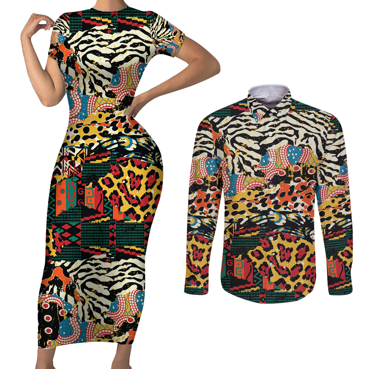 Africa Animal Pattern Couples Matching Short Sleeve Bodycon Dress and Long Sleeve Button Shirt - Wonder Print Shop
