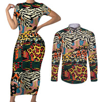 Africa Animal Pattern Couples Matching Short Sleeve Bodycon Dress and Long Sleeve Button Shirt - Wonder Print Shop