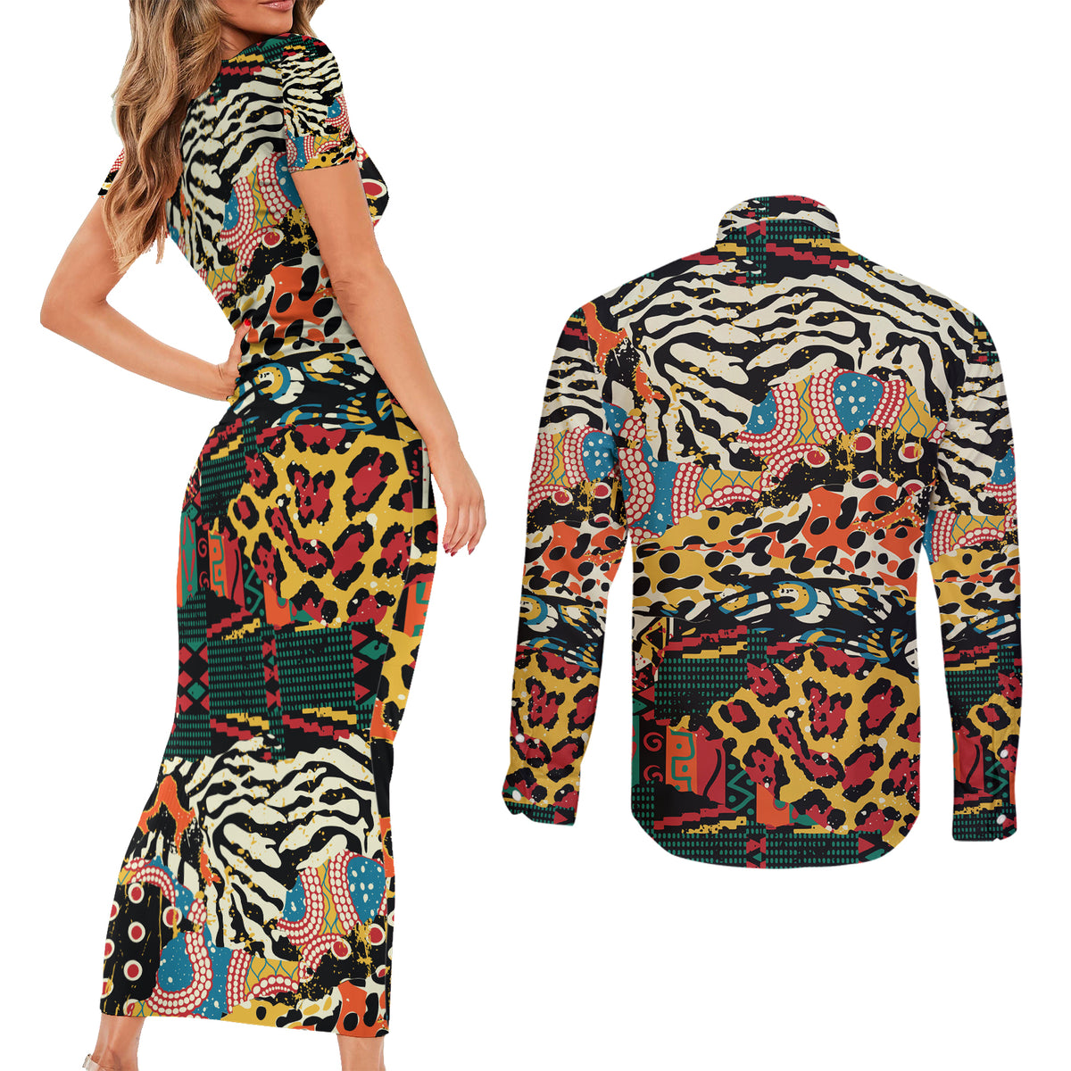 Africa Animal Pattern Couples Matching Short Sleeve Bodycon Dress and Long Sleeve Button Shirt - Wonder Print Shop