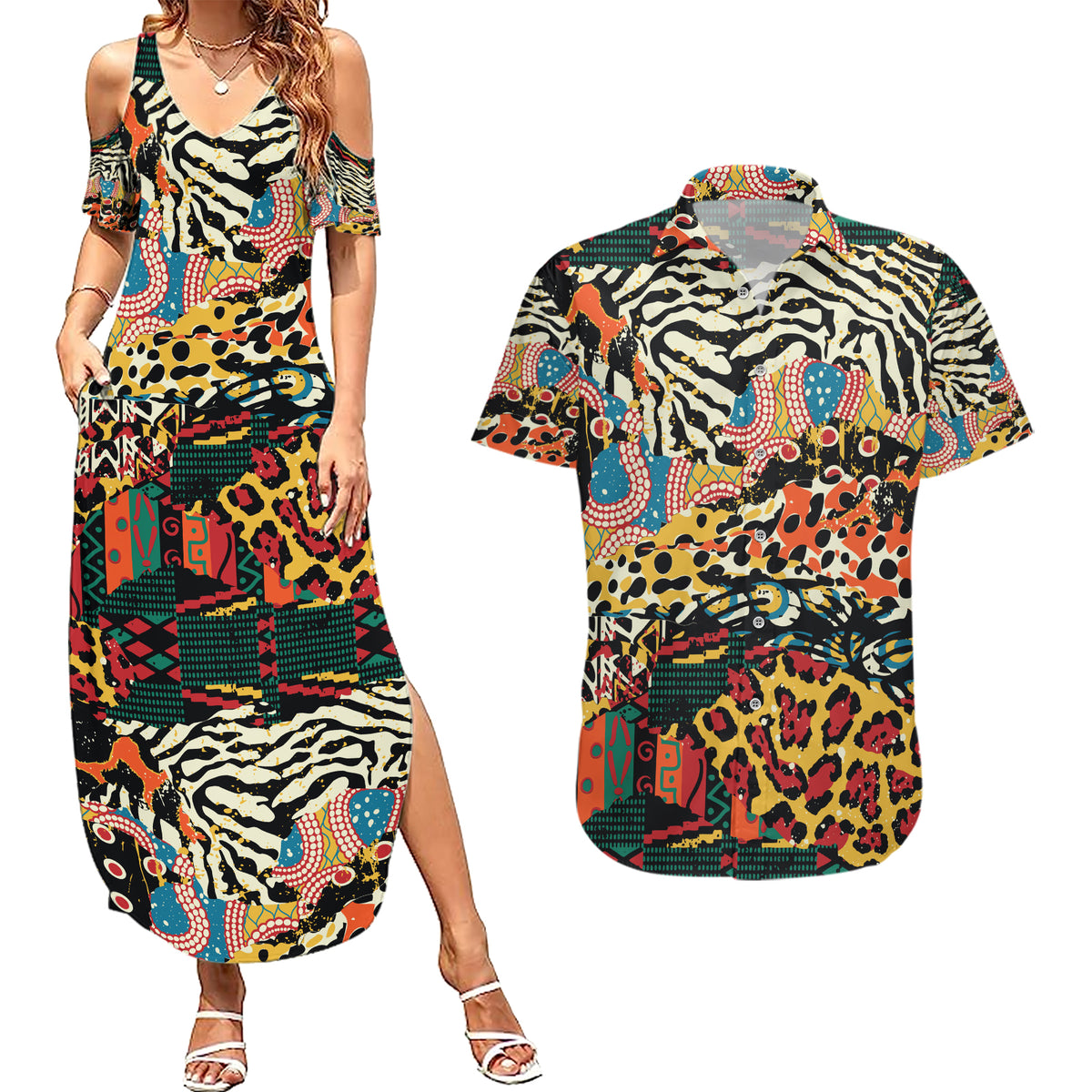 Africa Animal Pattern Couples Matching Summer Maxi Dress and Hawaiian Shirt - Wonder Print Shop