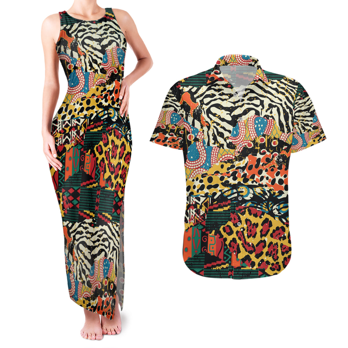 Africa Animal Pattern Couples Matching Tank Maxi Dress and Hawaiian Shirt - Wonder Print Shop