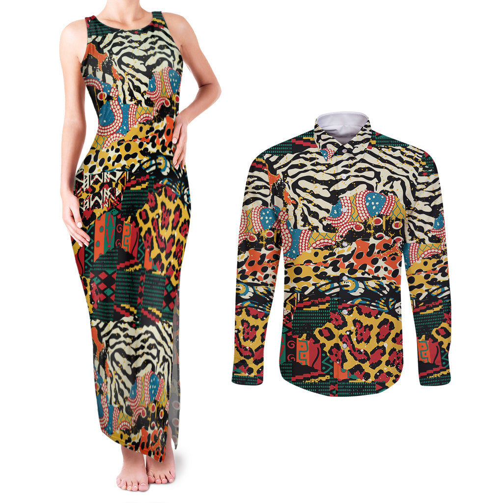 Africa Animal Pattern Couples Matching Tank Maxi Dress and Long Sleeve Button Shirt - Wonder Print Shop