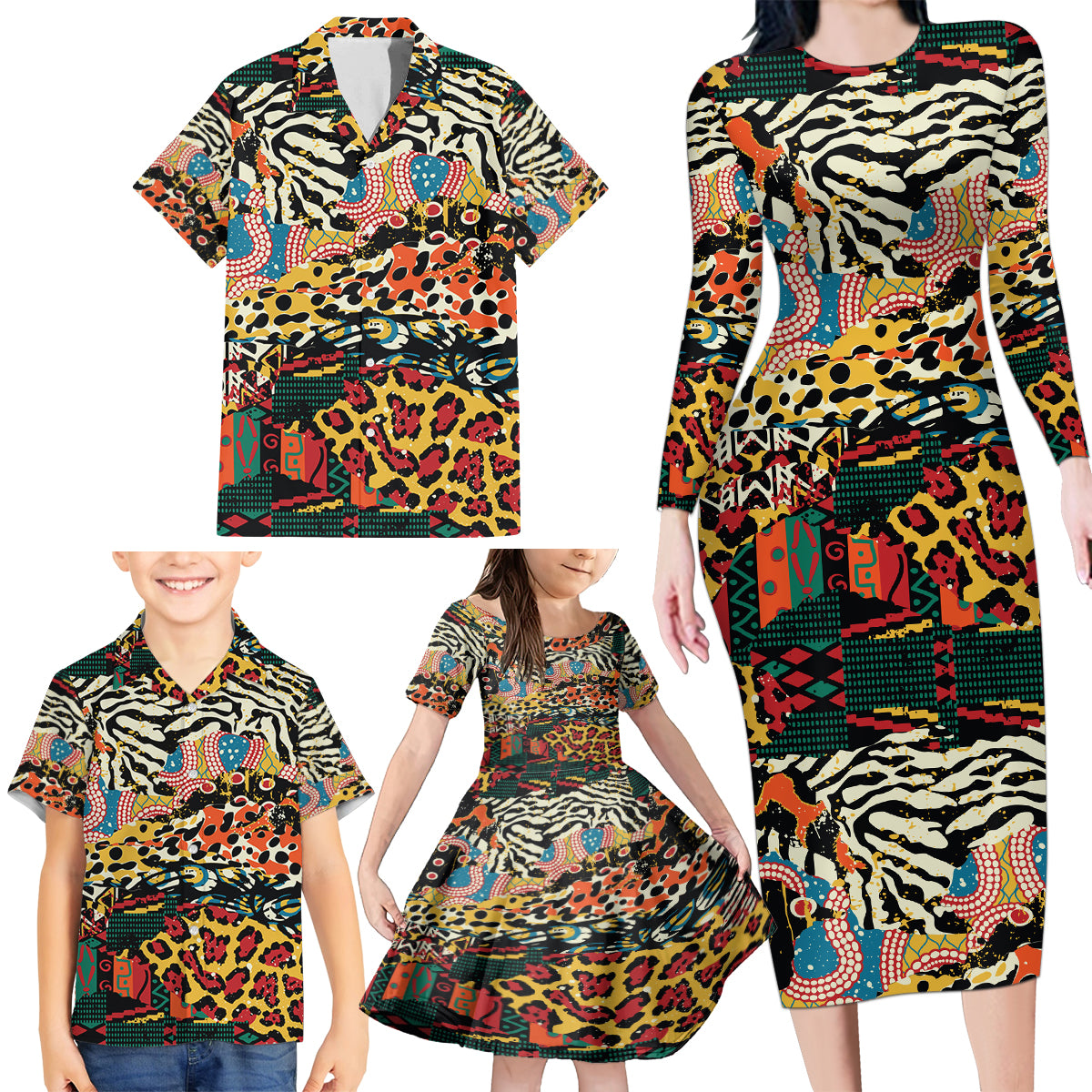 Africa Animal Pattern Family Matching Long Sleeve Bodycon Dress and Hawaiian Shirt - Wonder Print Shop