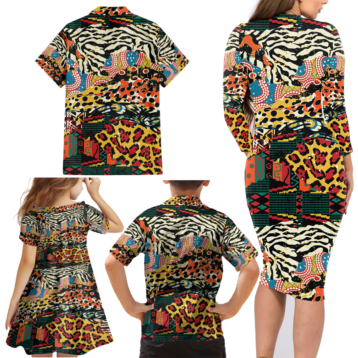 Africa Animal Pattern Family Matching Long Sleeve Bodycon Dress and Hawaiian Shirt - Wonder Print Shop