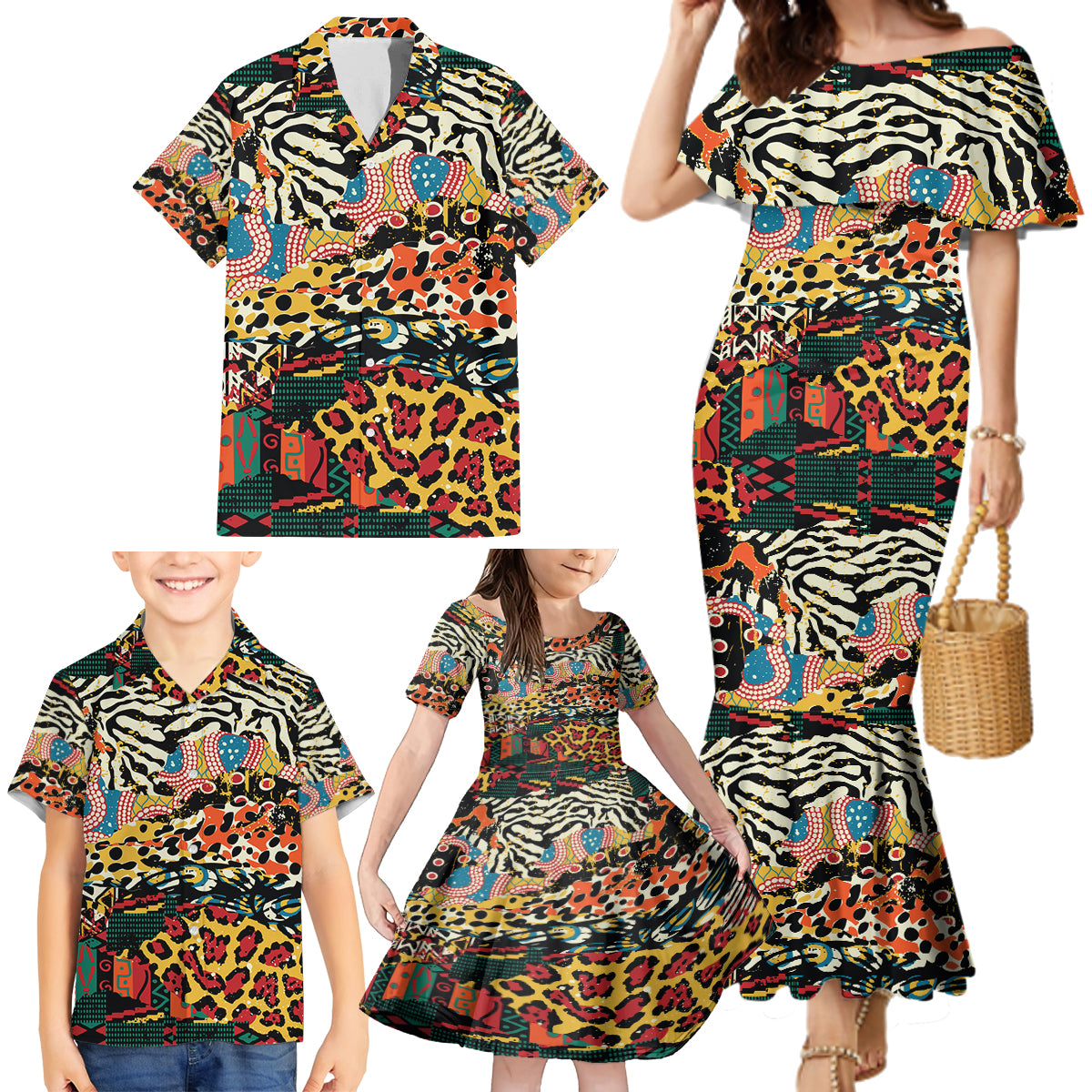 Africa Animal Pattern Family Matching Mermaid Dress and Hawaiian Shirt - Wonder Print Shop