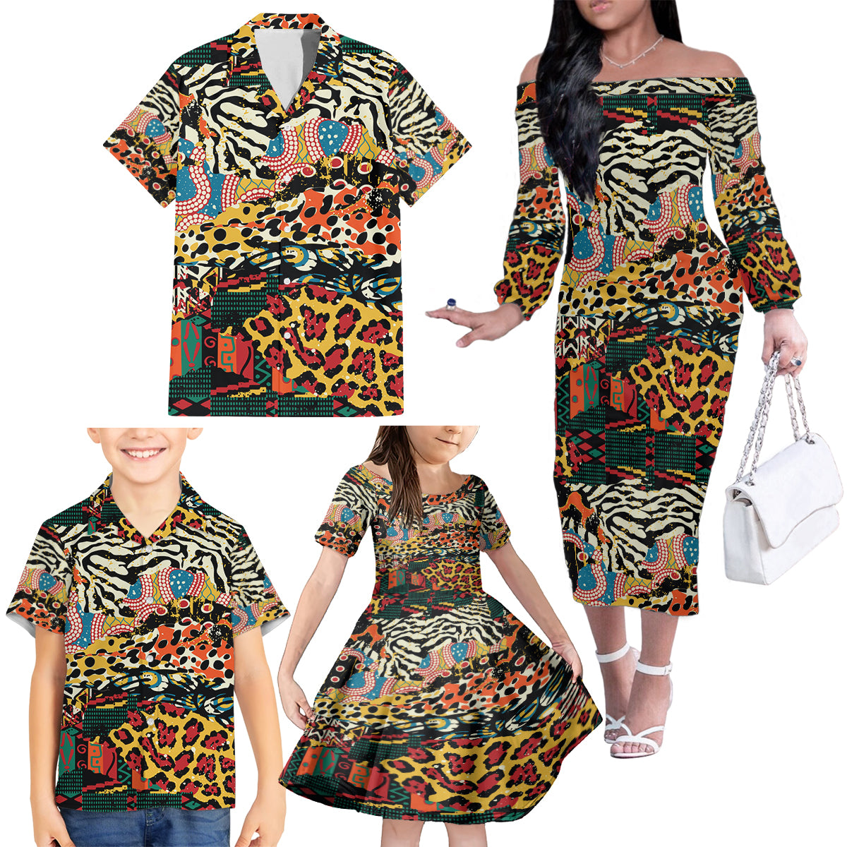 Africa Animal Pattern Family Matching Off The Shoulder Long Sleeve Dress and Hawaiian Shirt - Wonder Print Shop