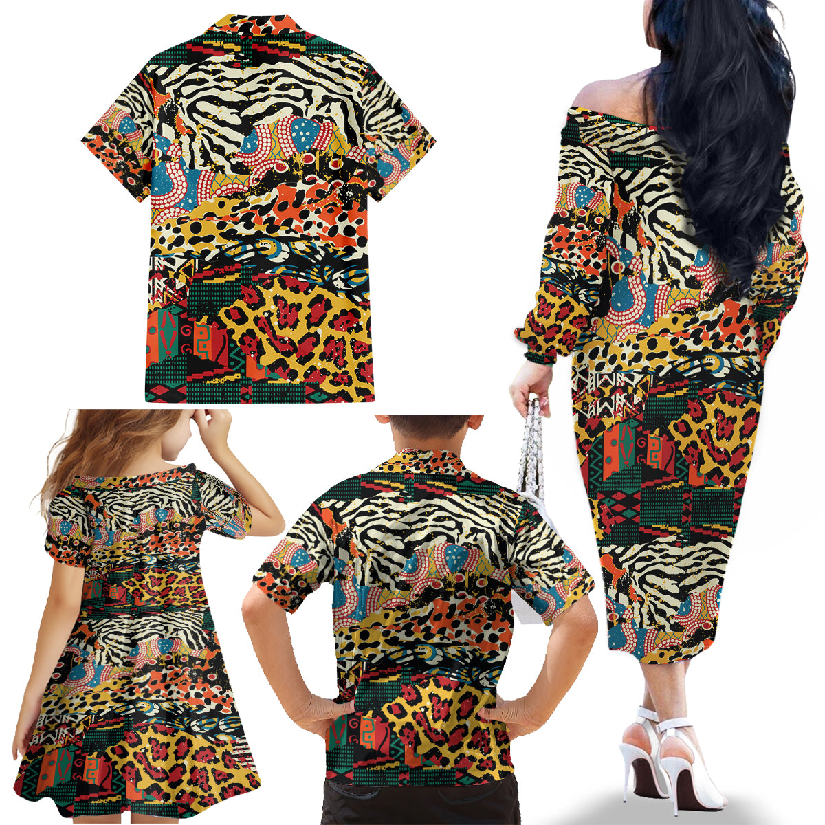 Africa Animal Pattern Family Matching Off The Shoulder Long Sleeve Dress and Hawaiian Shirt - Wonder Print Shop