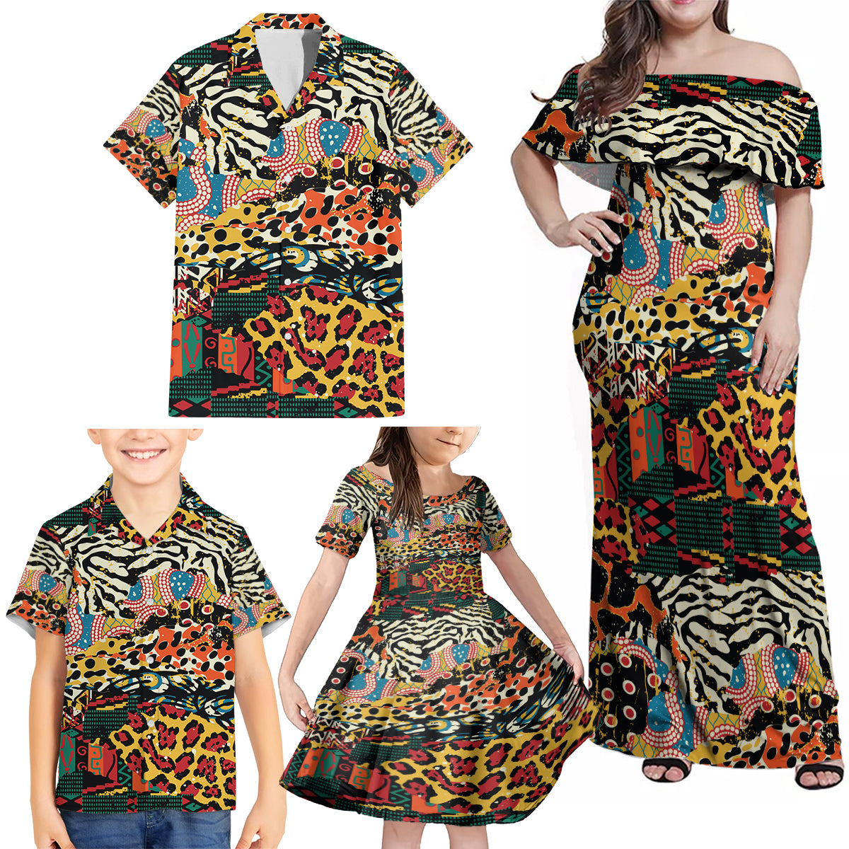 Africa Animal Pattern Family Matching Off Shoulder Maxi Dress and Hawaiian Shirt - Wonder Print Shop