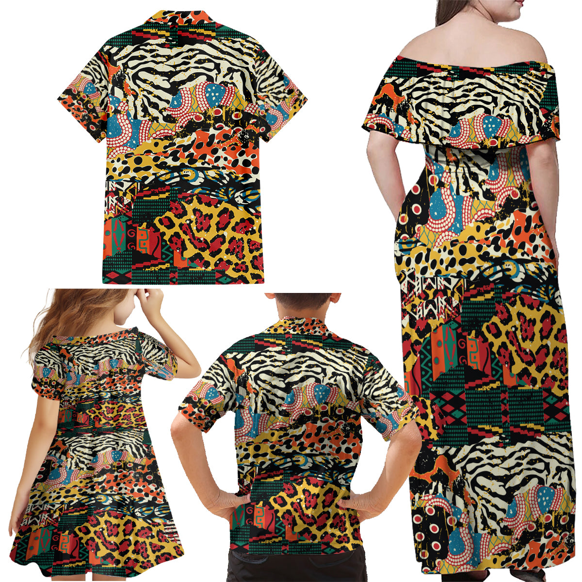 Africa Animal Pattern Family Matching Off Shoulder Maxi Dress and Hawaiian Shirt - Wonder Print Shop