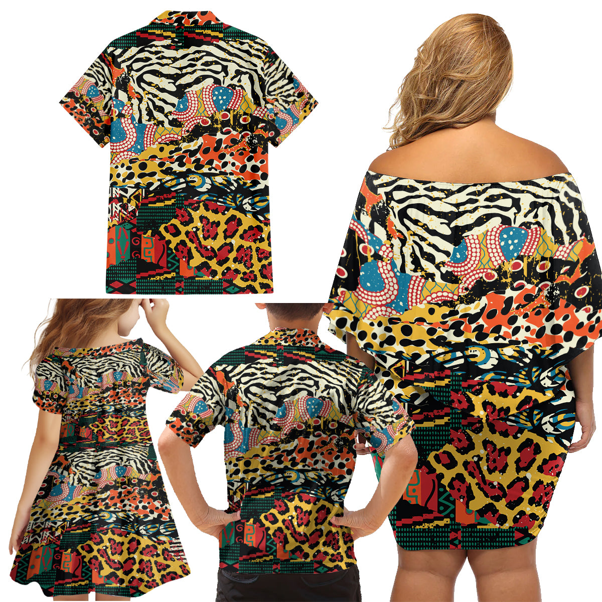 Africa Animal Pattern Family Matching Off Shoulder Short Dress and Hawaiian Shirt - Wonder Print Shop