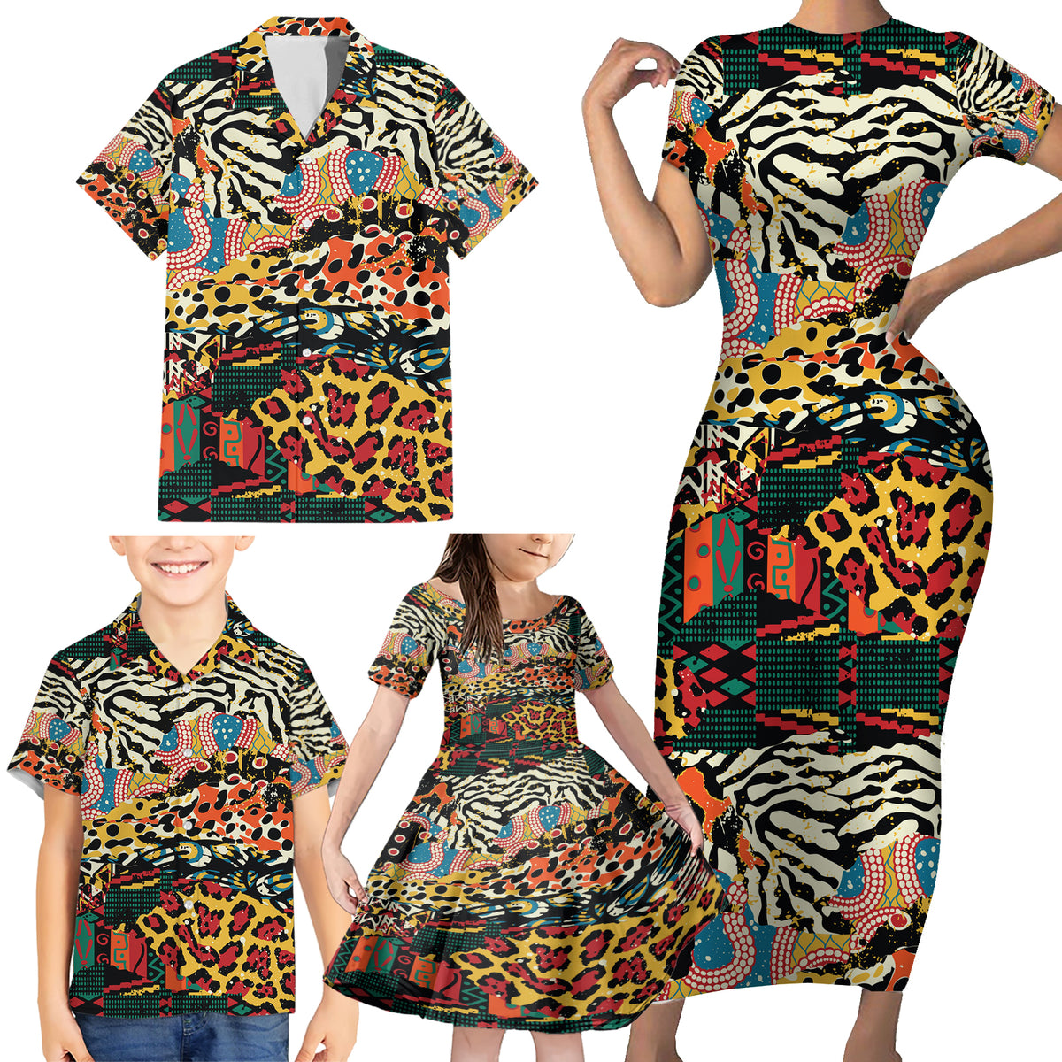 Africa Animal Pattern Family Matching Short Sleeve Bodycon Dress and Hawaiian Shirt - Wonder Print Shop