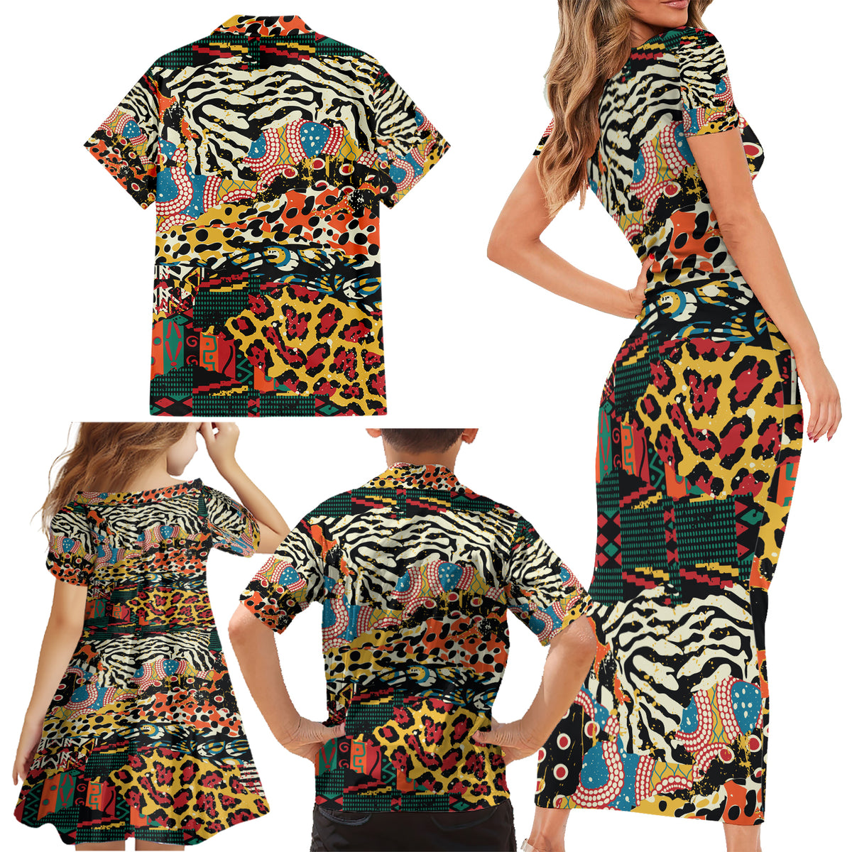 Africa Animal Pattern Family Matching Short Sleeve Bodycon Dress and Hawaiian Shirt - Wonder Print Shop