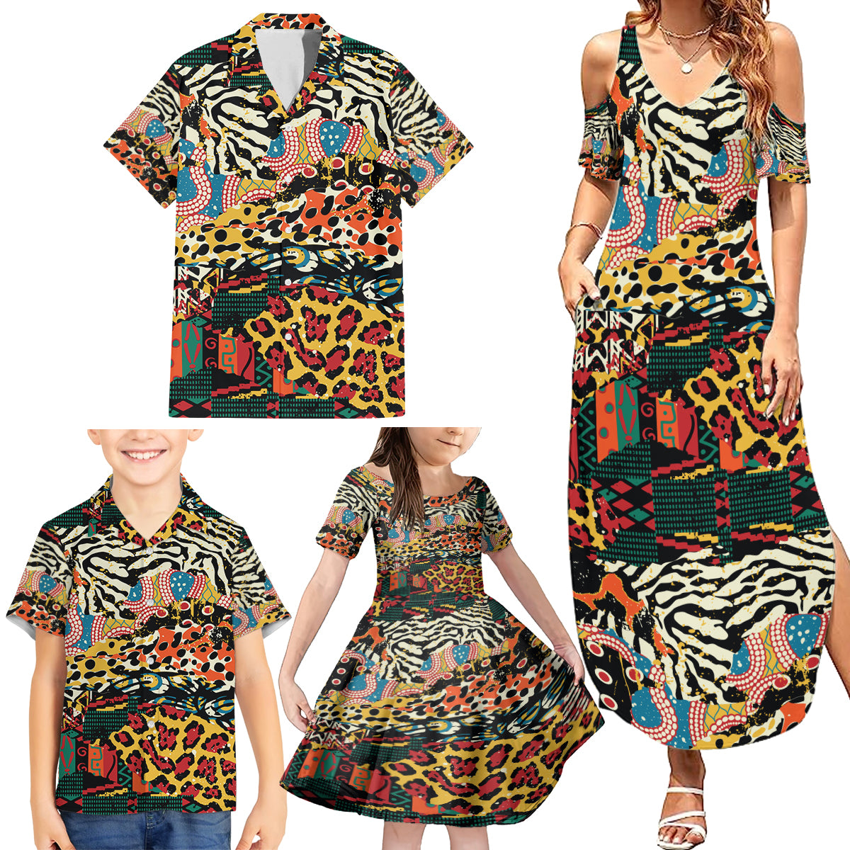 Africa Animal Pattern Family Matching Summer Maxi Dress and Hawaiian Shirt - Wonder Print Shop