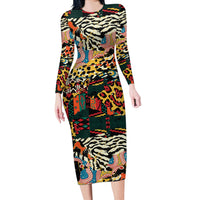 Africa Animal Pattern Long Sleeve Bodycon Dress - Wonder Print Shop
