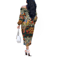 Africa Animal Pattern Off The Shoulder Long Sleeve Dress - Wonder Print Shop