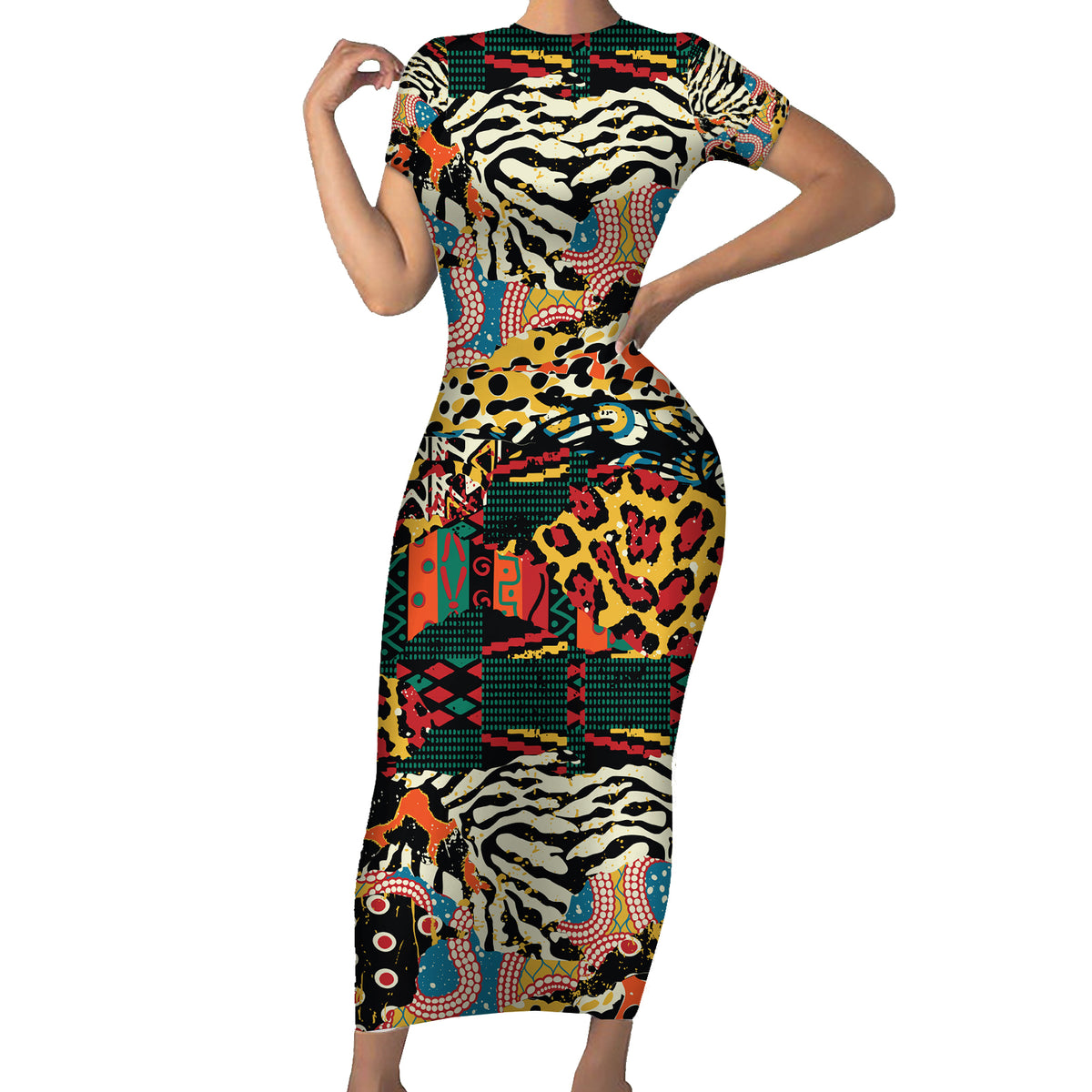 Africa Animal Pattern Short Sleeve Bodycon Dress - Wonder Print Shop