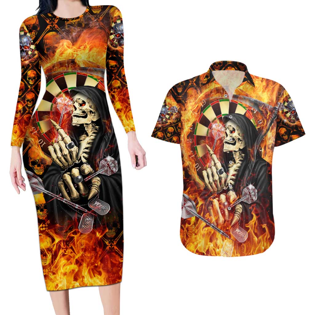 Personalised Skull Darts Couples Matching Long Sleeve Bodycon Dress and Hawaiian Shirt Death In Fire