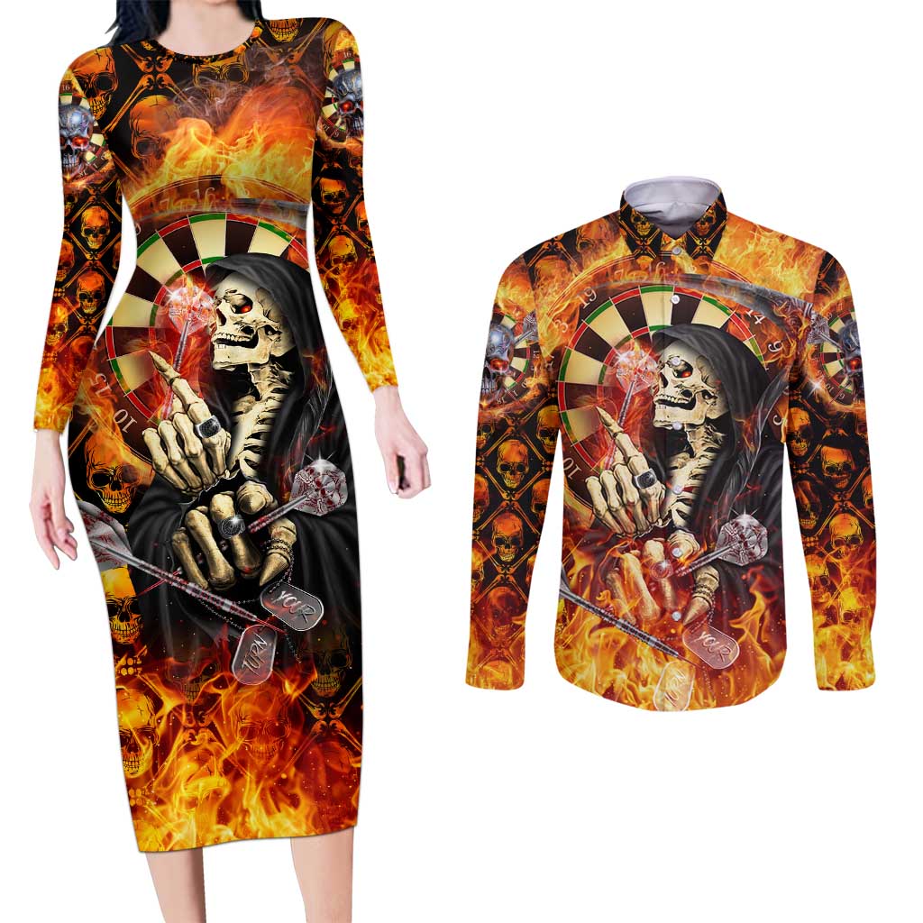 Personalised Skull Darts Couples Matching Long Sleeve Bodycon Dress and Long Sleeve Button Shirt Death In Fire