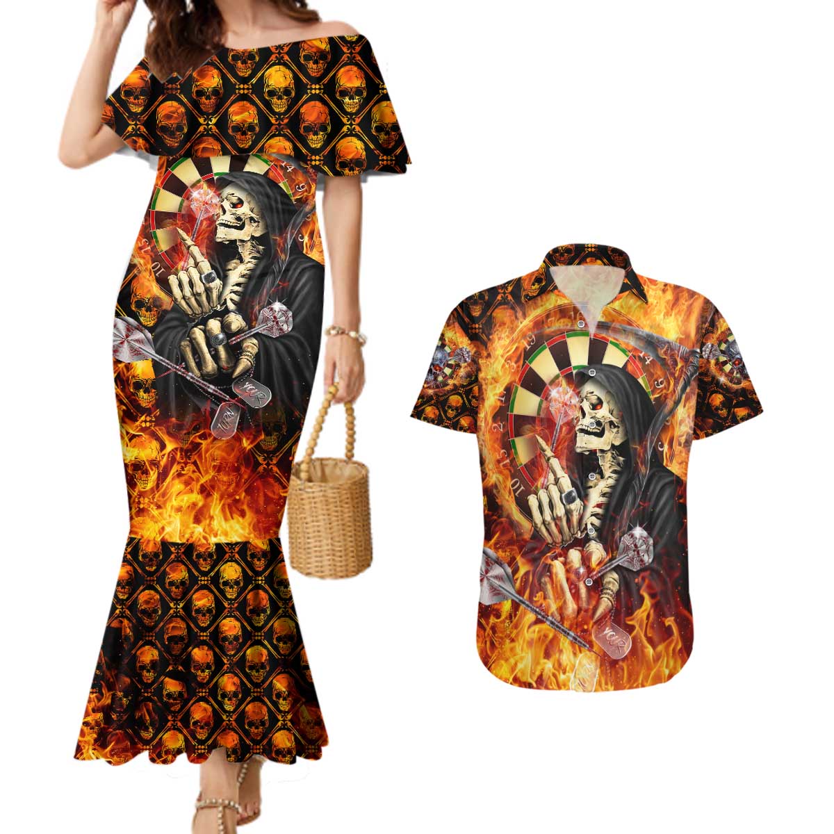 Personalised Skull Darts Couples Matching Mermaid Dress and Hawaiian Shirt Death In Fire