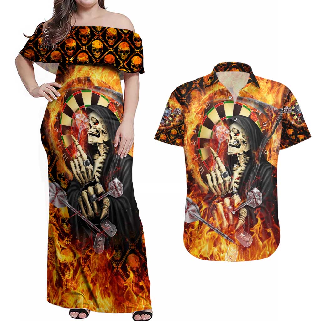 Personalised Skull Darts Couples Matching Off Shoulder Maxi Dress and Hawaiian Shirt Death In Fire