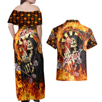 Personalised Skull Darts Couples Matching Off Shoulder Maxi Dress and Hawaiian Shirt Death In Fire