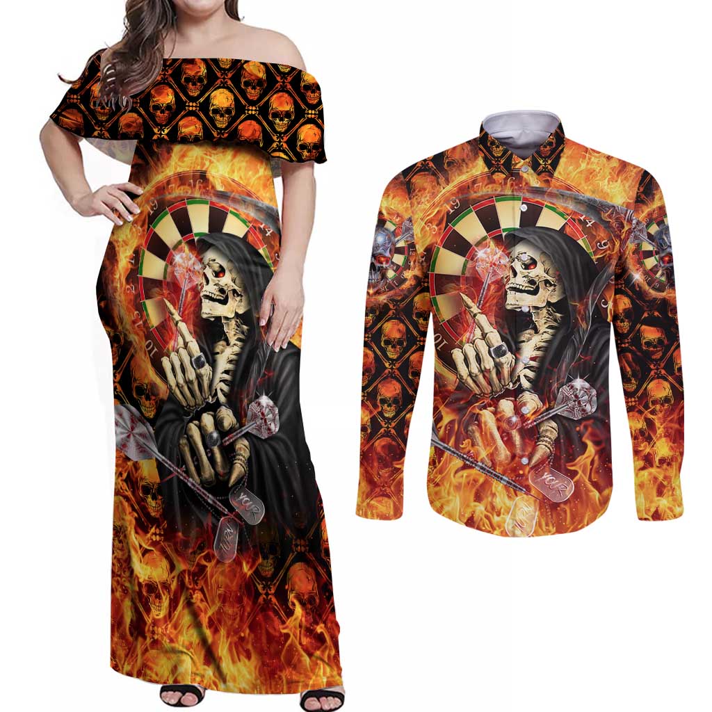 Personalised Skull Darts Couples Matching Off Shoulder Maxi Dress and Long Sleeve Button Shirt Death In Fire