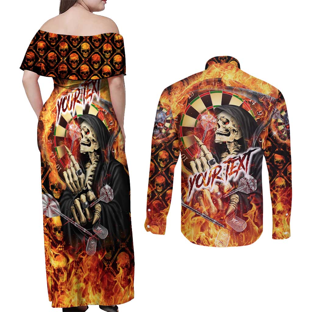 Personalised Skull Darts Couples Matching Off Shoulder Maxi Dress and Long Sleeve Button Shirt Death In Fire