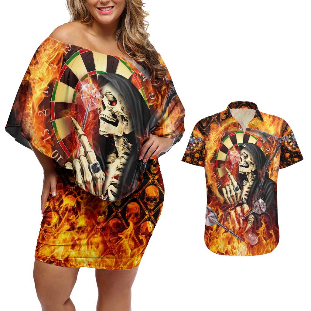Personalised Skull Darts Couples Matching Off Shoulder Short Dress and Hawaiian Shirt Death In Fire