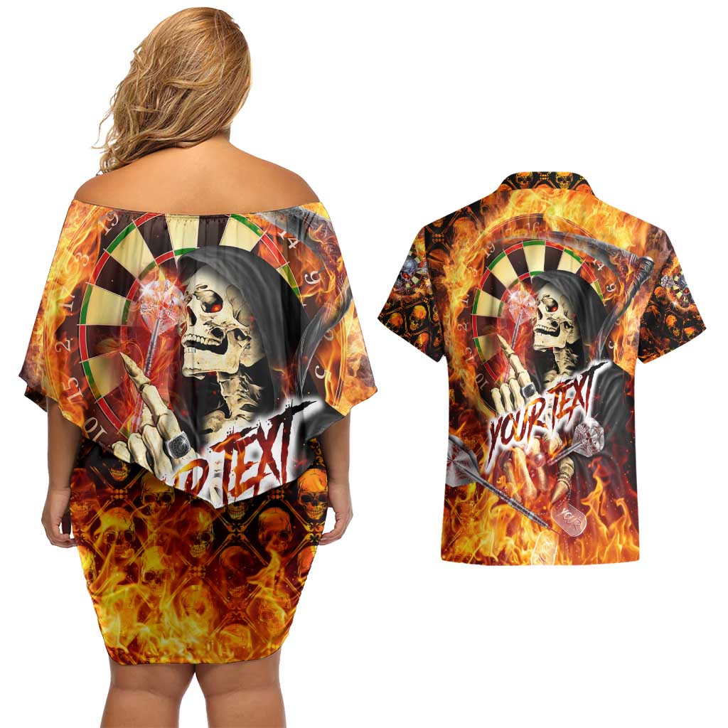 Personalised Skull Darts Couples Matching Off Shoulder Short Dress and Hawaiian Shirt Death In Fire