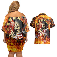 Personalised Skull Darts Couples Matching Off Shoulder Short Dress and Hawaiian Shirt Death In Fire