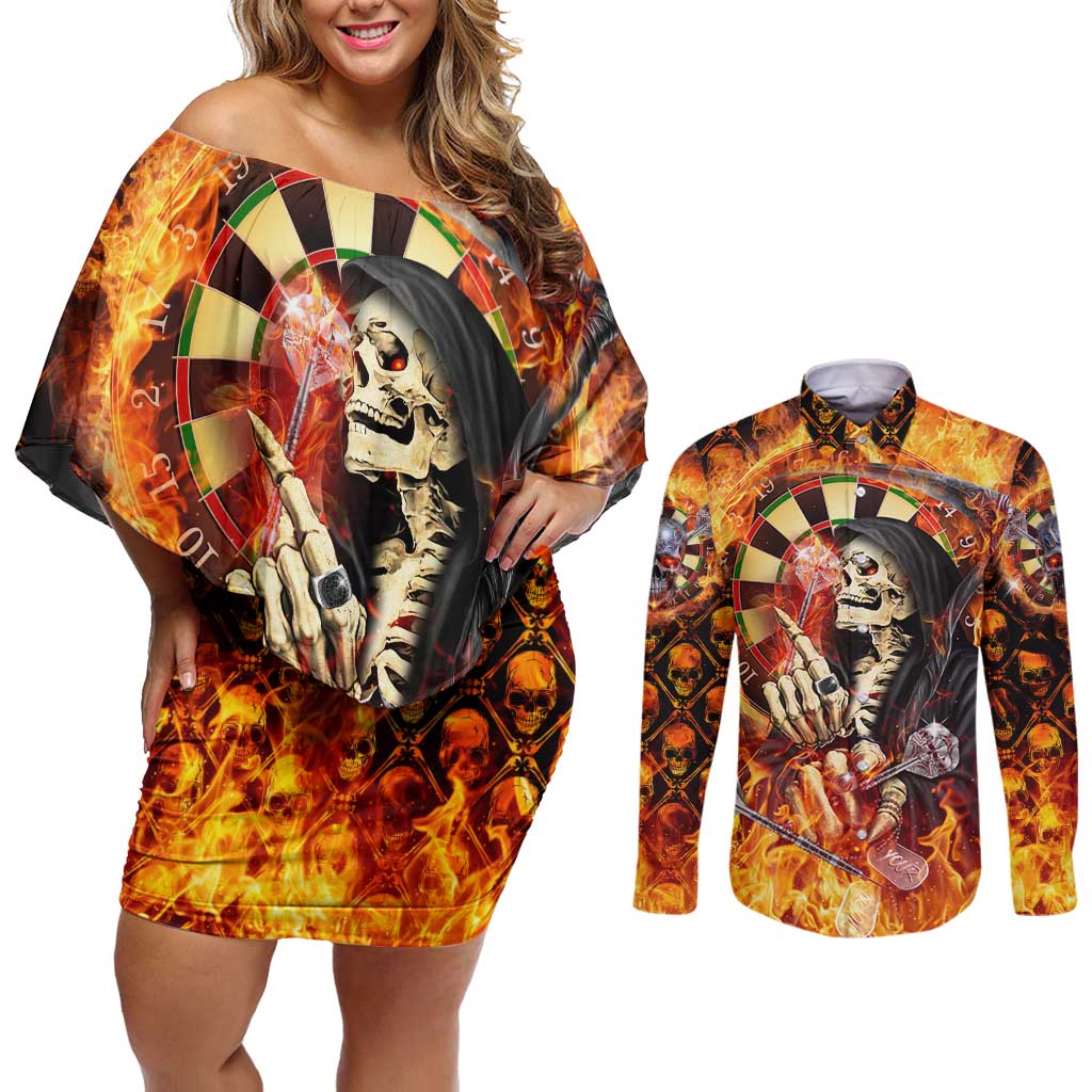 Personalised Skull Darts Couples Matching Off Shoulder Short Dress and Long Sleeve Button Shirt Death In Fire