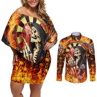 Personalised Skull Darts Couples Matching Off Shoulder Short Dress and Long Sleeve Button Shirt Death In Fire