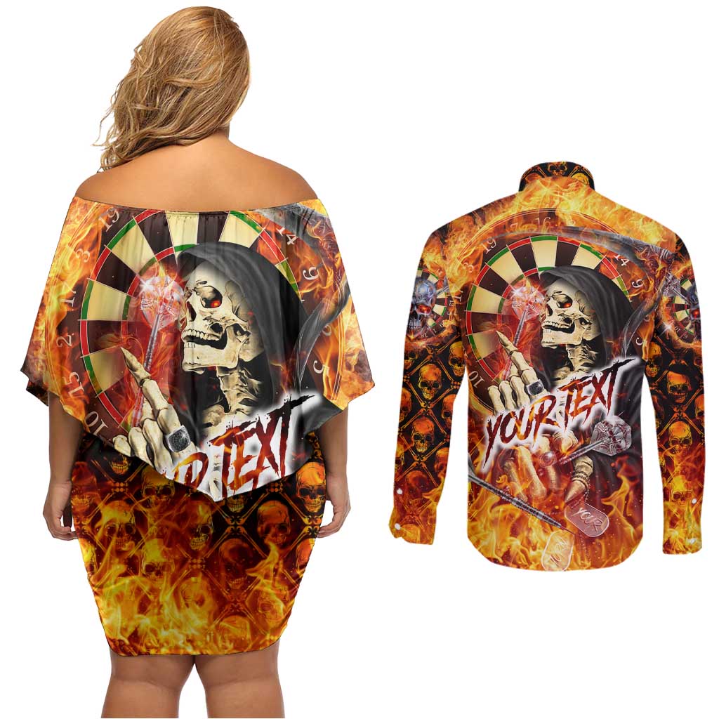 Personalised Skull Darts Couples Matching Off Shoulder Short Dress and Long Sleeve Button Shirt Death In Fire