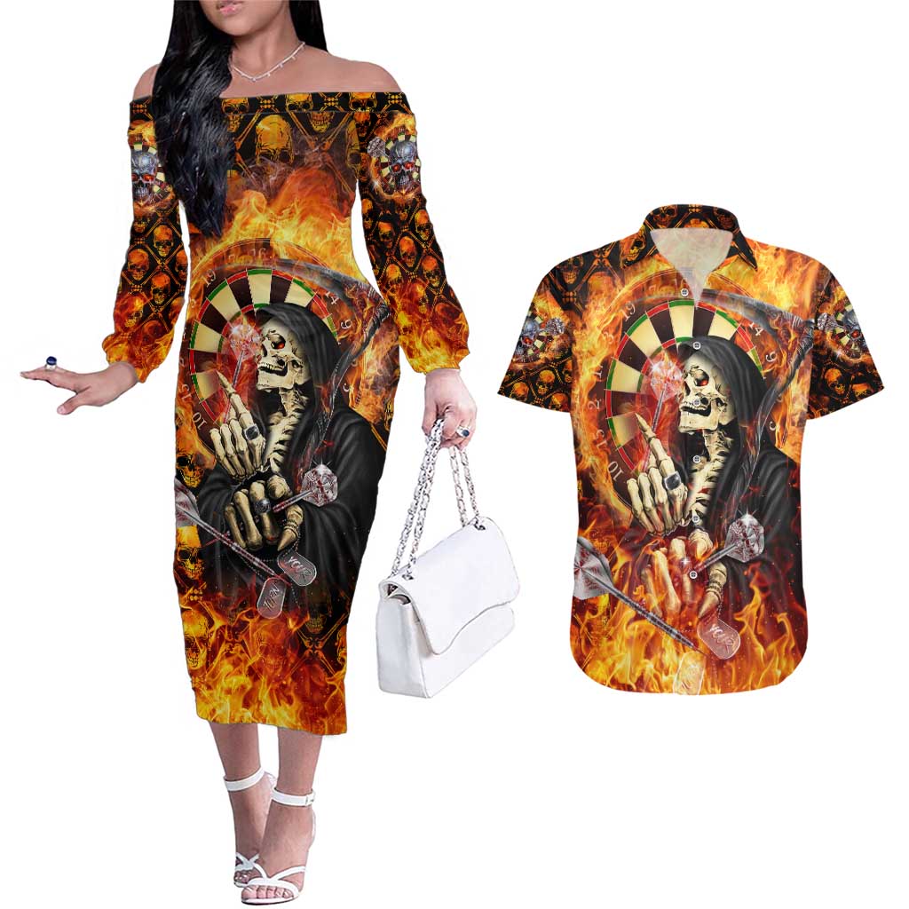 Personalised Skull Darts Couples Matching Off The Shoulder Long Sleeve Dress and Hawaiian Shirt Death In Fire