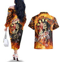 Personalised Skull Darts Couples Matching Off The Shoulder Long Sleeve Dress and Hawaiian Shirt Death In Fire