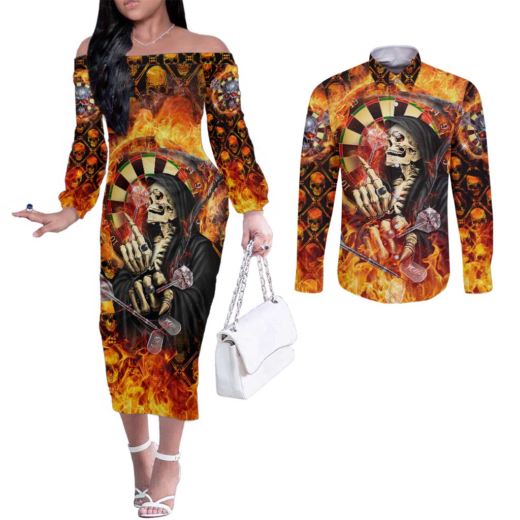 Personalised Skull Darts Couples Matching Off The Shoulder Long Sleeve Dress and Long Sleeve Button Shirt Death In Fire