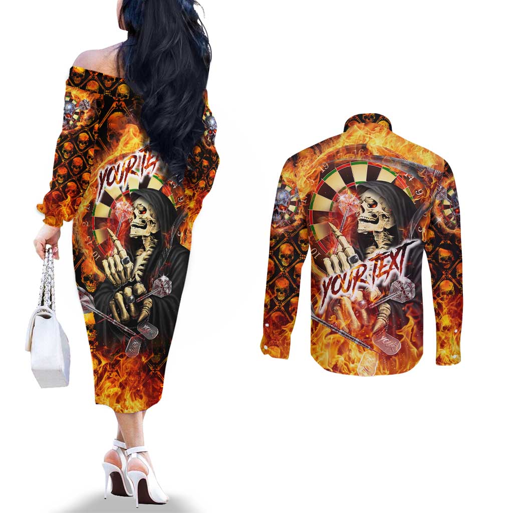 Personalised Skull Darts Couples Matching Off The Shoulder Long Sleeve Dress and Long Sleeve Button Shirt Death In Fire