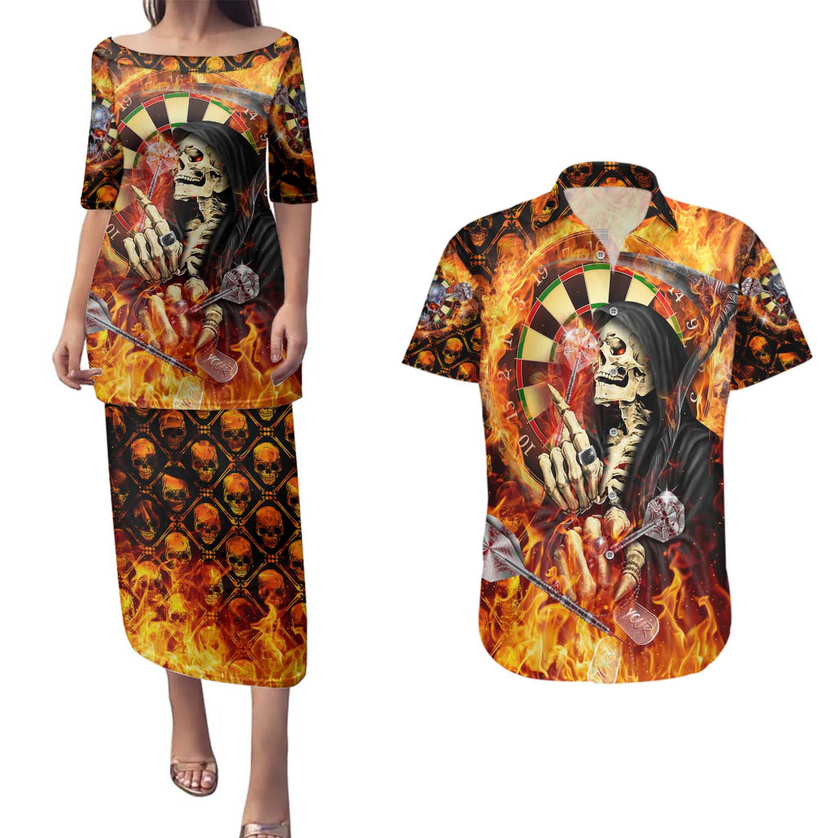 Personalised Skull Darts Couples Matching Puletasi and Hawaiian Shirt Death In Fire